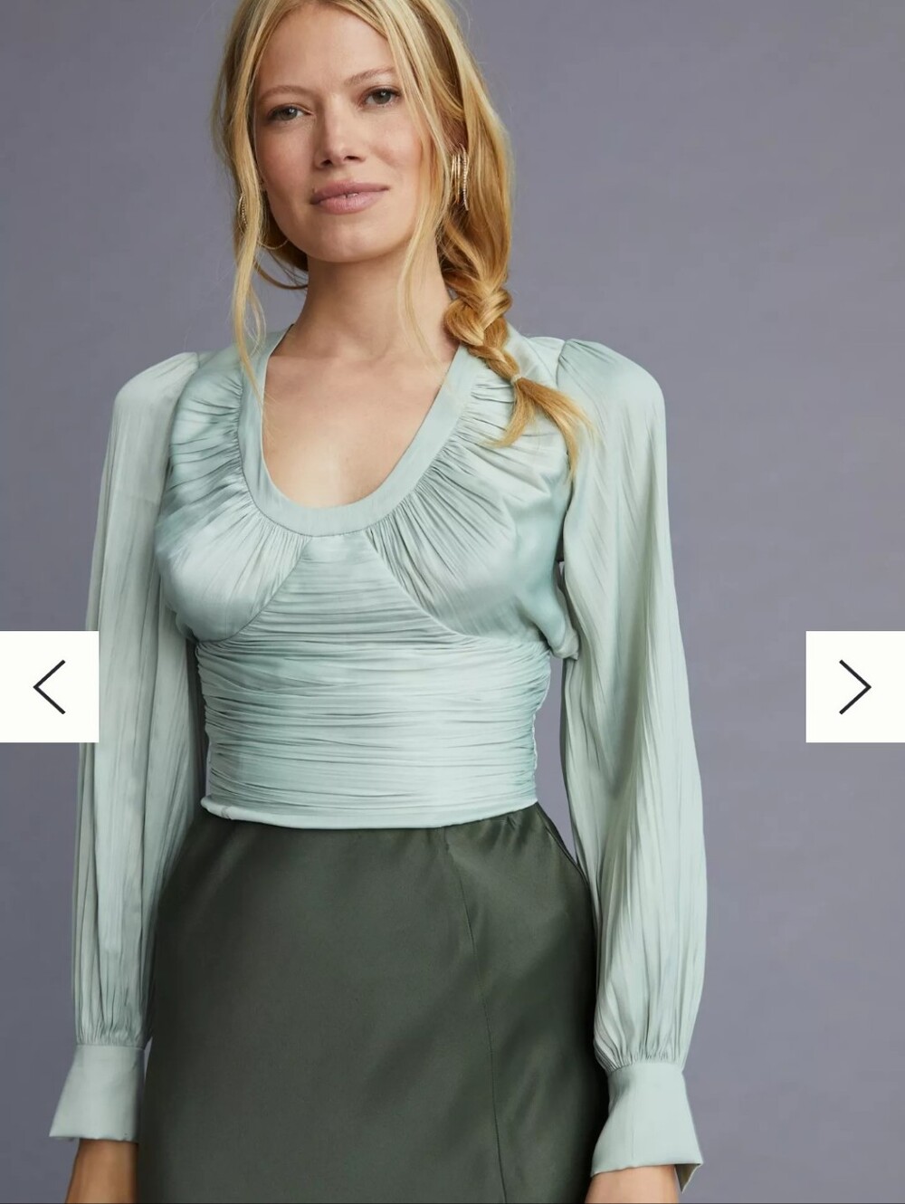 Anthropologie Blouson Sleeve Sage Green Long Sleeve Ruched Top Size XL Coquette